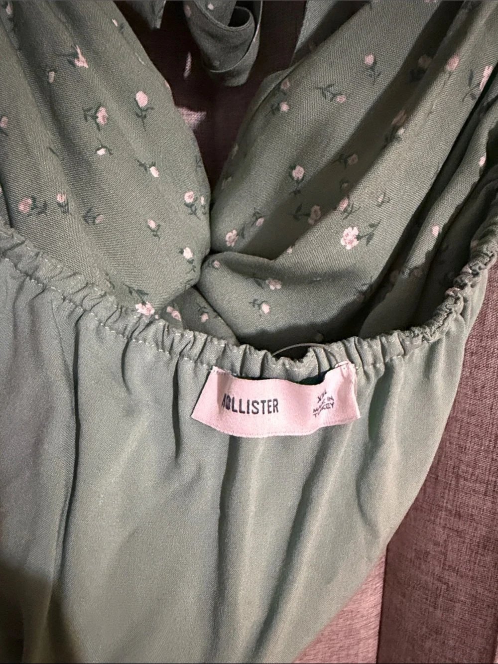 Hollister Light Sage Green Floral Lace-Trim Slip Dress